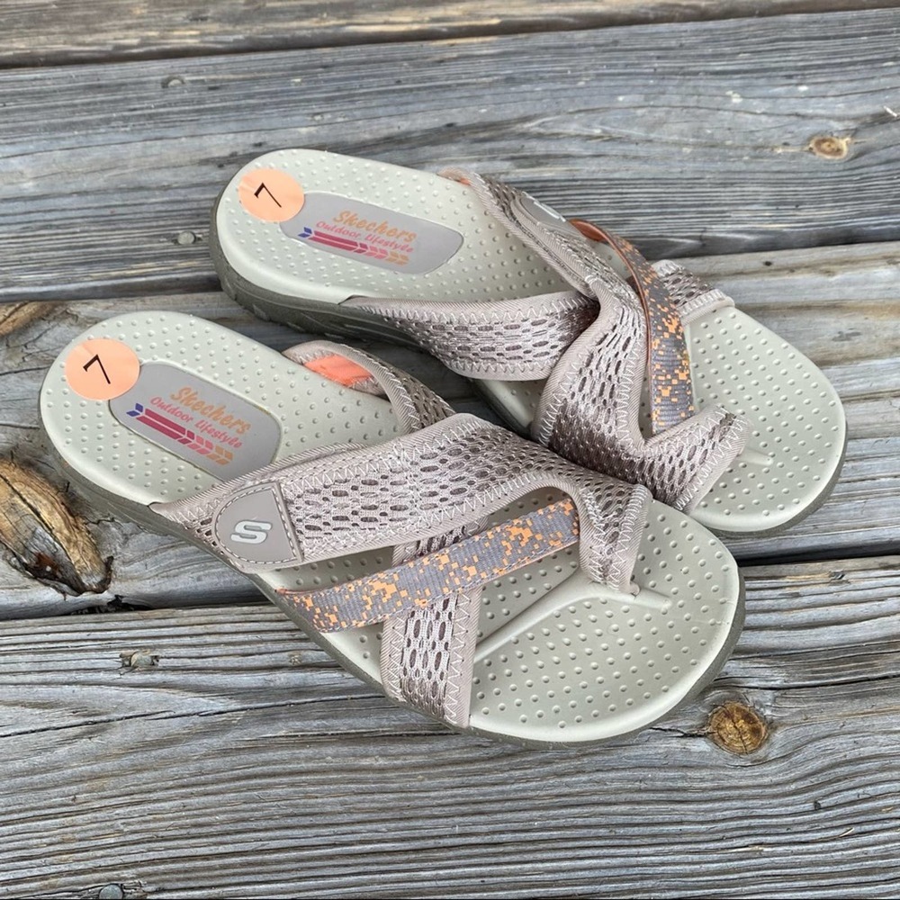 Skechers Reggae Slim Slide Sandal Tan & Orange Slip On Size 7